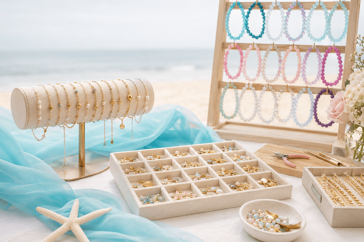 A charm bracelet display styled on the beach with starfish and a shell