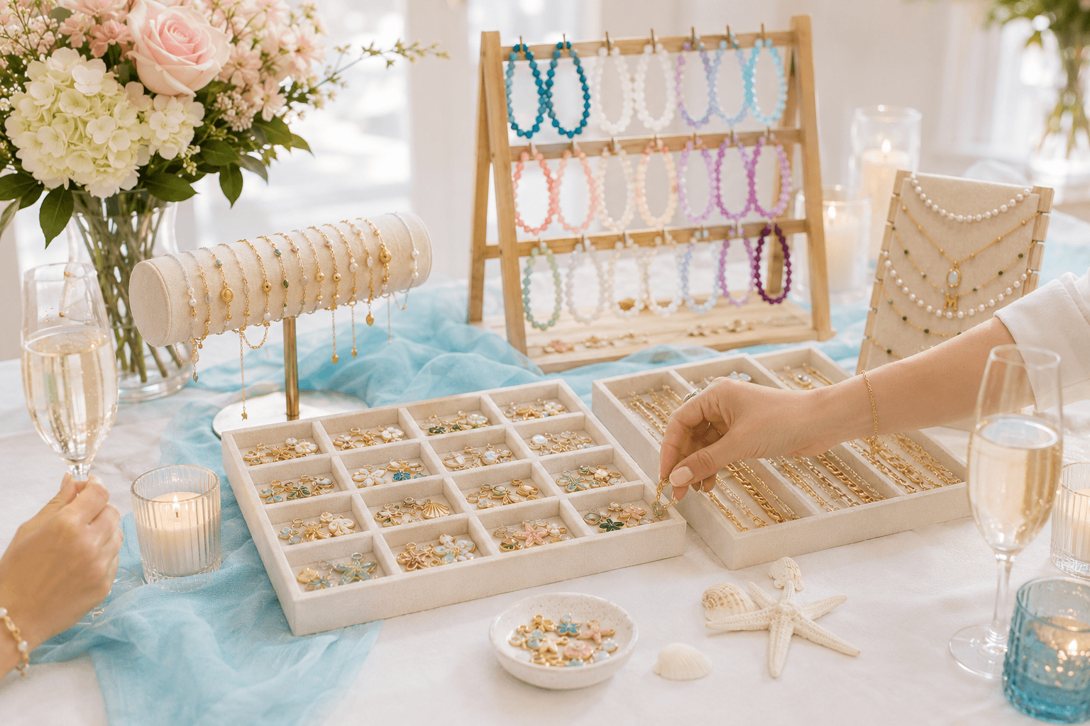 A styled charm bar table with jewelry displays, fresh flowers, and a curated charm tray