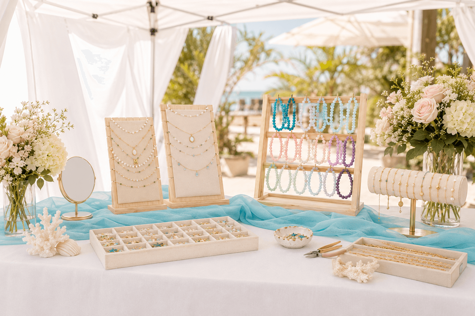 A boutique tent setup with charm and necklace displays for a pop-up market