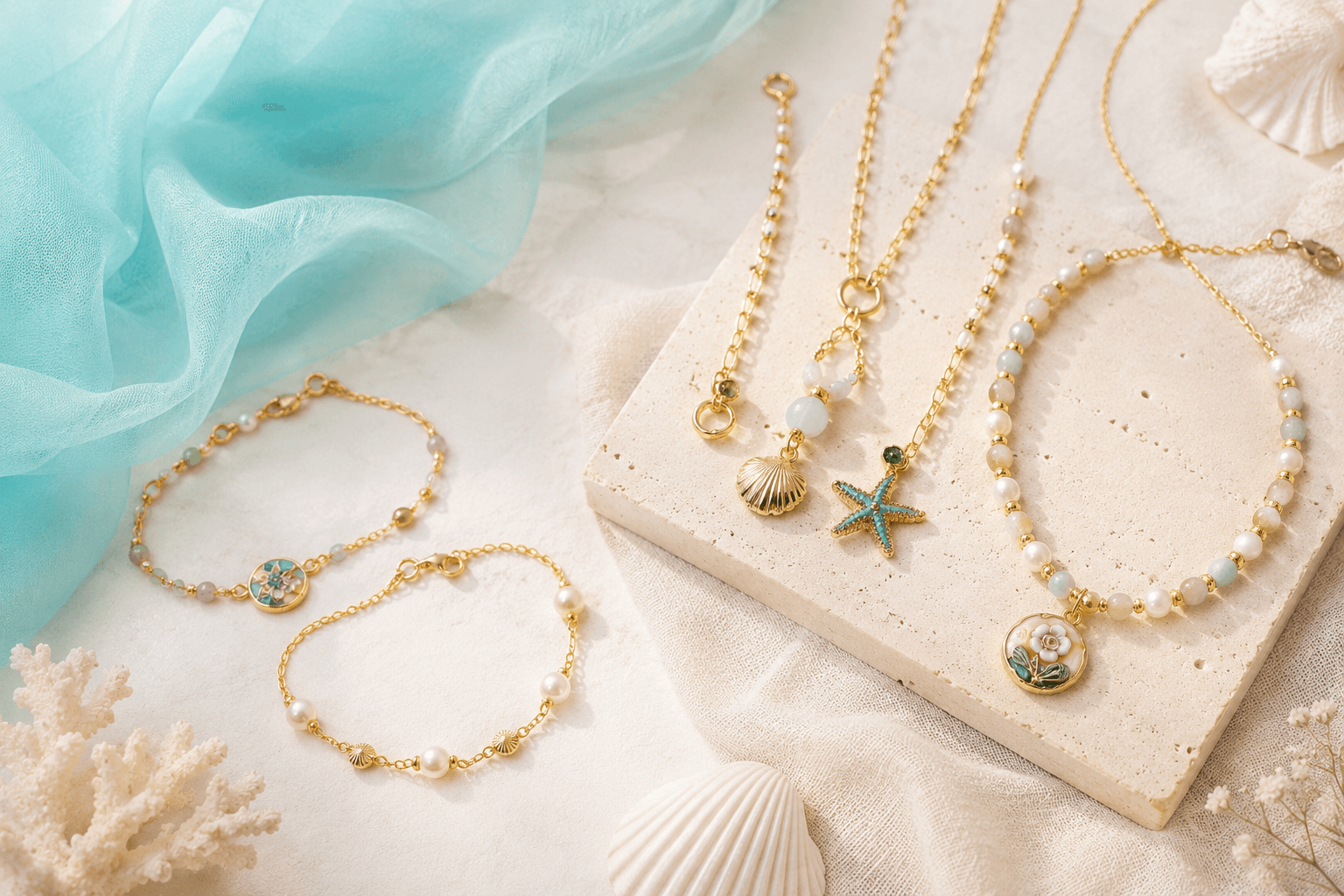 Close-up flatlay of gold charm bracelets with pearl and coastal charm details