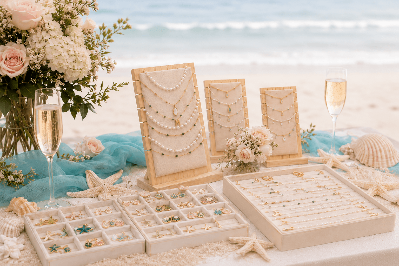 Layered necklace and bracelet displays styled on the beach