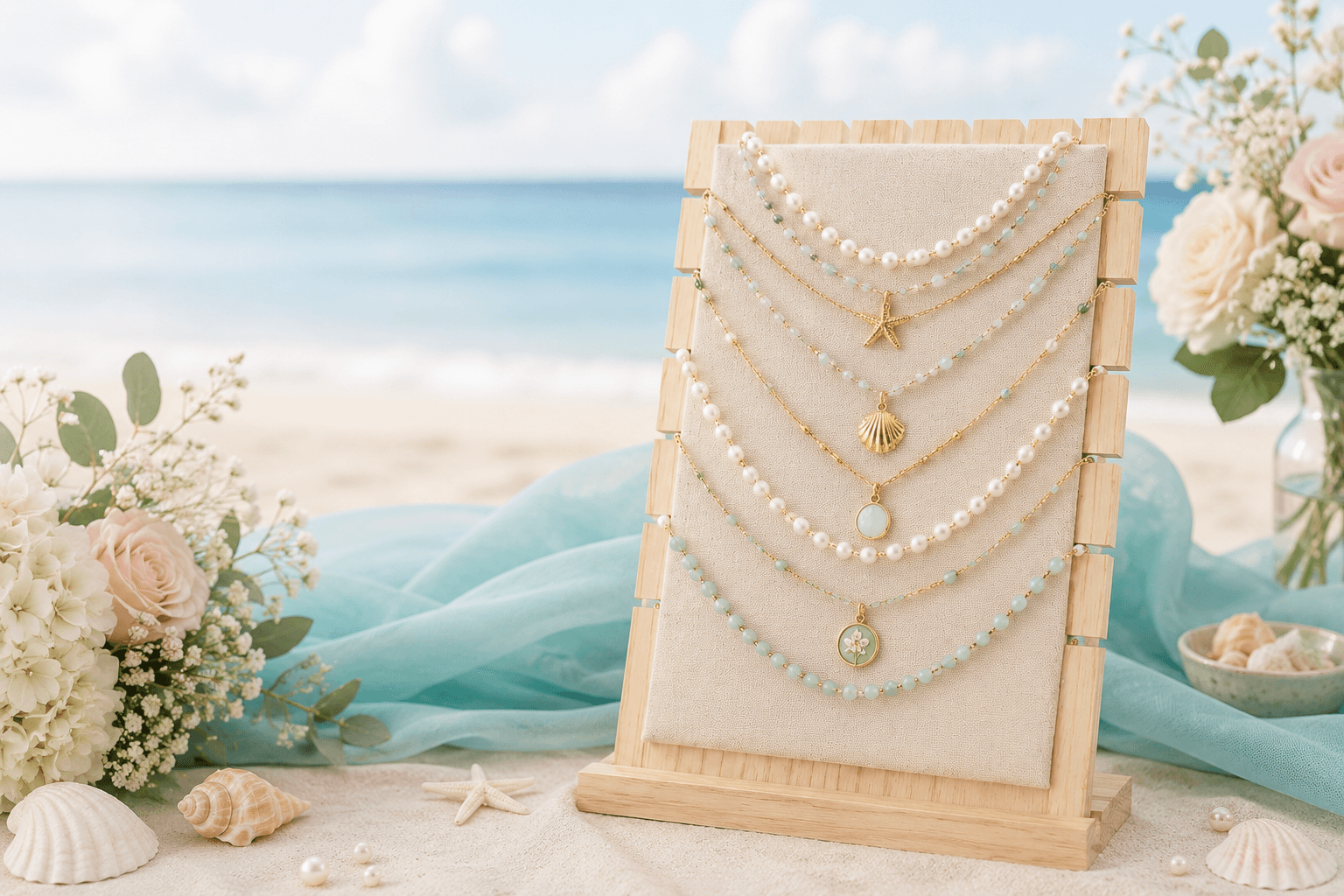 A layered necklace display styled on the beach with pearls and a starfish charm