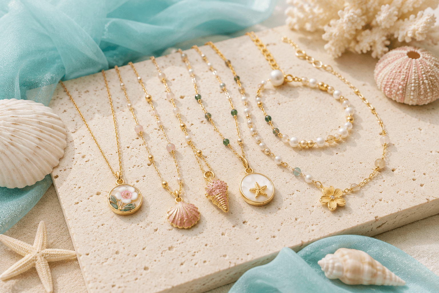 Close-up flatlay of layered gold necklaces with shell, starfish, and floral charms