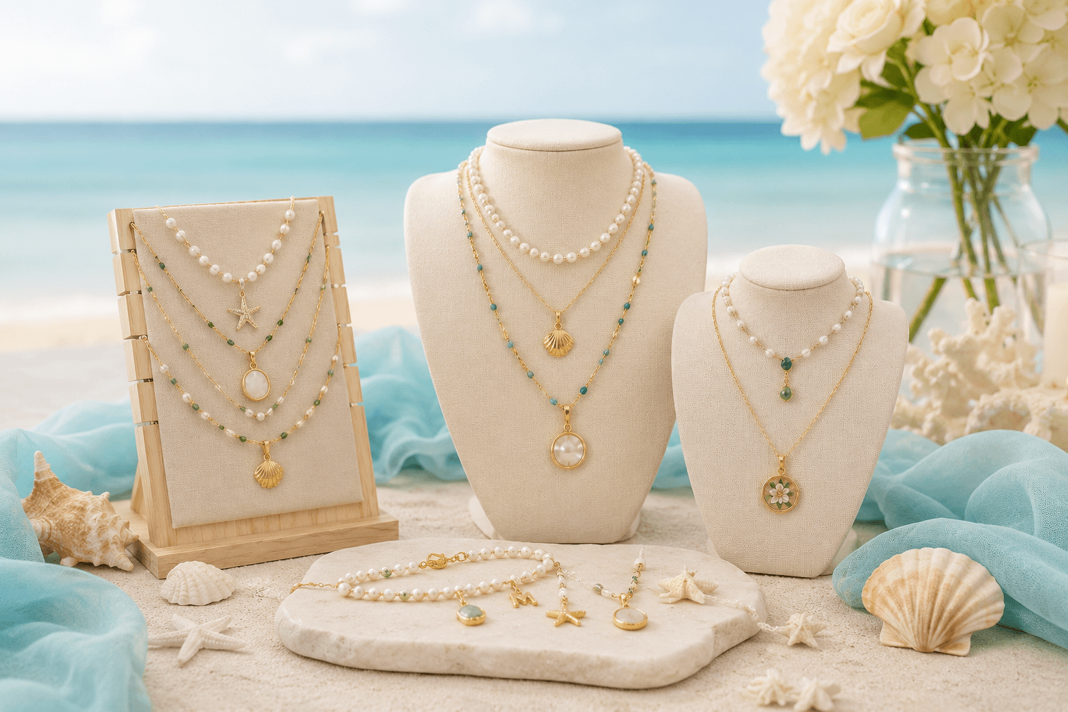 Layered necklaces displayed on the beach with a bracelet and fresh flowers