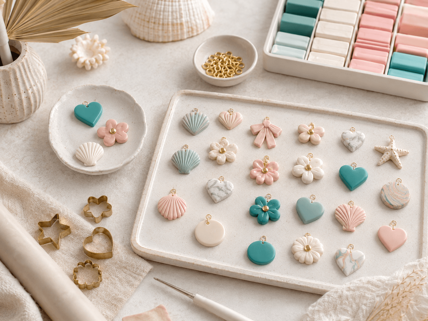 A tray of handmade polymer clay charms in coastal shapes and colors, ready for jewelry making
